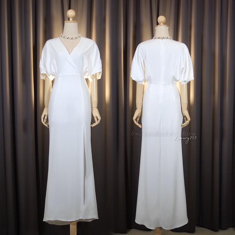 FN4101 เดรสราตรีแขนสามส่วนพรางต้นแขน เรียบหรู ชุดไปงานแต่ง เดรสเพื่อนเจ้าสาว ผ้าครีพเกาหลี มุมมองที่ 5