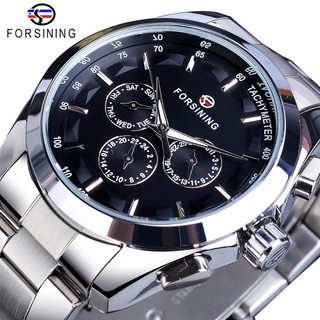 Forsining Black Mens Mechanical Watch 3 Dial Calendar Automatic Self-Wind Clock Business Sport Stainless Steel Belts Wr