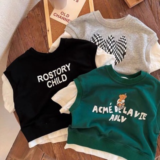 ▧✾เด็กแขนสั้น 2022 ฤดูร้อนใหม่ชายและหญิงปลอมสองชิ้นเสื้อยืดเด็กเกาหลีรุ่นพิมพ์ผ้าฝ้ายน้ำ