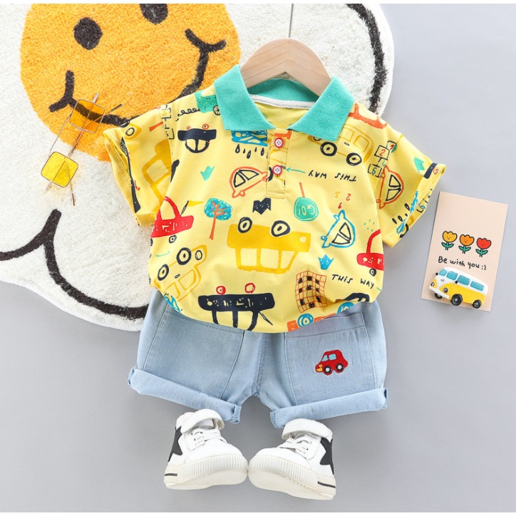 ชุดเด็กน่ารัก-ชุดเด็กเล็ก-เสื้อโปโล-ลายรถ-สีขาว-พร้อมกางเกง