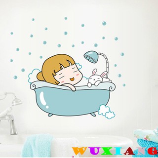 【wuxiang】สติกเกอร์ ลายการ์ตูน I love bath สําหรับติดตกแต่งผนังห้อง