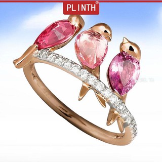 PLINTH แหวนเงินแท้ 925 สัตว์นกทับทิมเพชรสีชมพูกุหลาบ1059