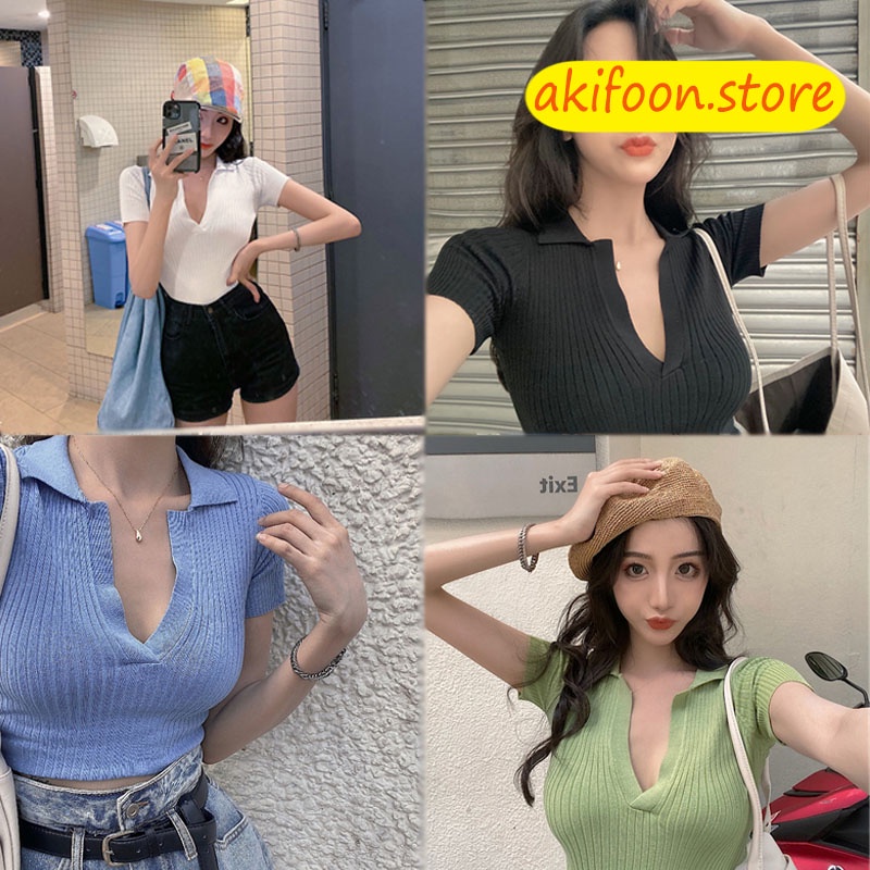 akifoon-พร้อมส่ง-เสื้อครอปผู้หญิง-เสื้อครอปครึ่งตัว-อกv-สวยเซ็กซี่-งานสวยหรูฝอฝุดๆน่ารักมากอผ้าคัตตอน-เสื้อครอปแขนสั้น