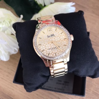 (ผ่อน0%) นาฬิกา สเตนเลส สีทอง หน้าปัด ล้อมคริสตัล COACH Ladies Maddy Gold Bracelet Watch w/Swarovski Crystal 14502661