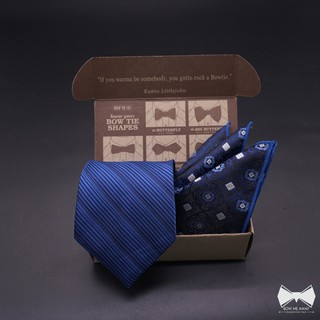เซ็ทเนคไทน้ำเงินลายขวางในตัว+ ผ้าเช็ดหน้าสูท-Royal Blue Necktie+ pocket square