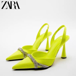 Zara ใหม่ รองเท้าส้นสูง หนังแกะ ประดับเพชรเทียม สีเขียวมะนาว แฟชั่นฤดูร้อน สําหรับผู้หญิง 2022