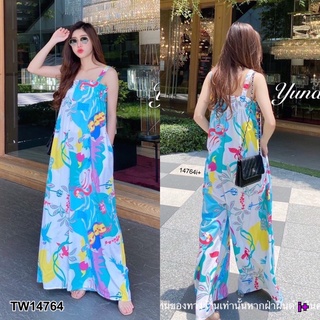 TW14764 Jumpsuit จั๊มสูทสายเดี่ยว ช่วงอกสม็อกยางยืด มีกระเป๋าข้าง เนื้อผ้าไหมเกาหลีเกรดเอเนื้อหนานิ่ม ลายกราฟฟิก