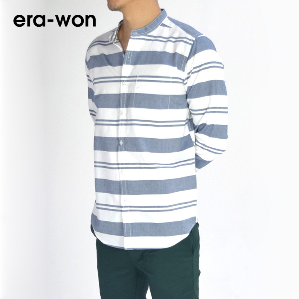 erawon-shop-1717ar-เสื้อเชิ้ตผู้ชายแขนยาว-อ็อกส์ฟอร์ด-คอจีน-graph-checked-mandarin-collar-ทรง-regular-fit-สี-argentina