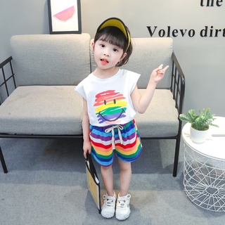 Bykidsเสื้อผ้าเด็กเสื้อยืดคอกลมแขนสั้นคอตตอน100%สำหรับเด็ก1ปีถึง8ปีลายรุ้งผ้านุ่มใส่สบาย