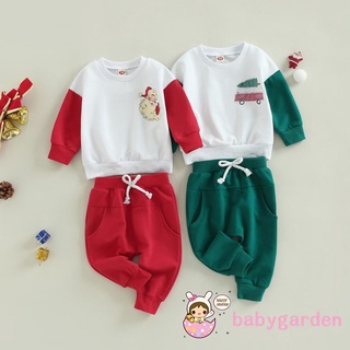 Babygarden-0-3years ชุดเสื้อแขนยาว คอกลม พิมพ์ลายการ์ตูนคริสต์มาส และกางเกงขายาว เอวยางยืด สีพื้น สําหรับเด็ก 2 ชิ้น