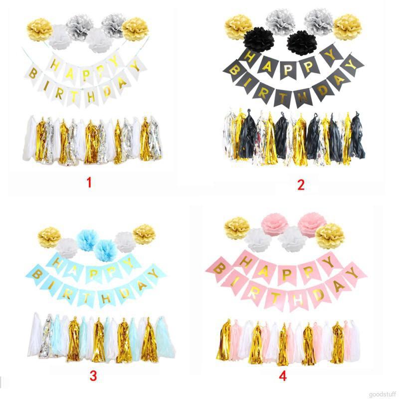 Flower + pull flag + tassel birthday party set venue scene decoration