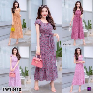 &lt;TW13410&gt;MaxiDress แม็กซี่เดรส แขนตุ๊กตา ผ้าหางกระรอก ผูกโบเอว งานเรียบๆ แต่งสวยสุดๆ