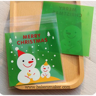 ถุงฝากาว Snowman หน้าใส หลังสีเขียว ขนาด 10 x 10 ซม. / แพ็คละ 50 ใบ ถุงคุกกี้ คริสต์มาส Christmas