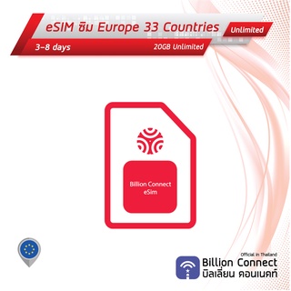 eSIM Europe 33 countries Sim Card Unlimited 15-20GB: ซิมยุโรป 3-8 วัน by ซิมต่างประเทศ Billion Connect