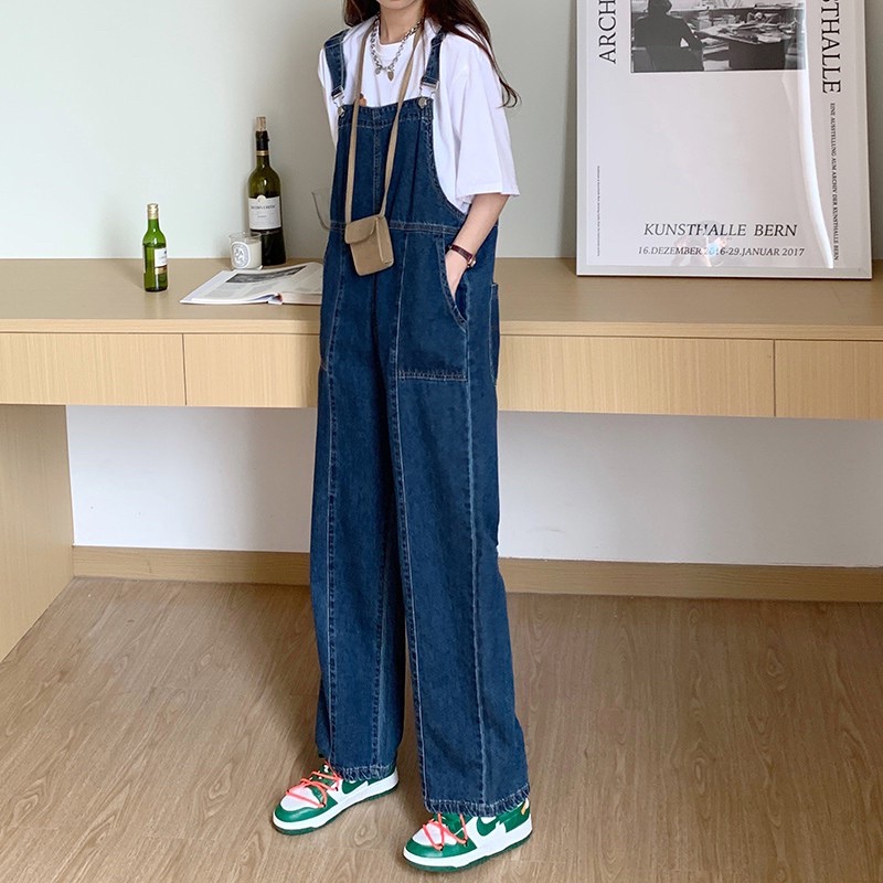 many-jeans-overalls-เอี๊ยมกางเกงยีนส์ขายาว-รุ่นนี้ดีไซน์เก๋ๆดีเทลแถบยาวที่ขากางเกง