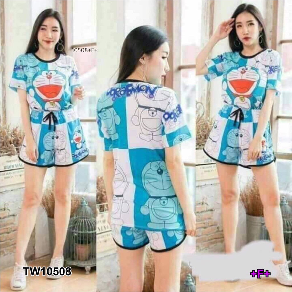 at10508-set-เสื้อแขนสั้นพิมลายการ์ตูนโดราเอม่อน-กางเกงขาสั้น