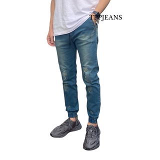 สินค้า JEANSEXPRESS JOGGERJEANS Slim กางเกงยีนส์ขาจั้มสีบลูฟอกสนิมเขียวแต่งปะขาด ผ้ายืดทรงสลิม เอวยางมีเชือกเป้าซิป สวมใส่สบาย Size 28-36
