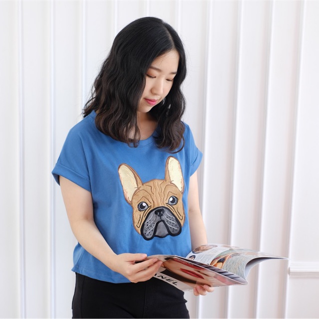 เสื้อครอป-แขนสั้น-crop-top-งานปัก-ลาย-french-bulldog-ผ้านิ่ม-cotton-100