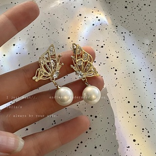 925 silver needle South Korea Dongdaemun diamond butterfly earrings temperament long pearl earrings high-end light luxur