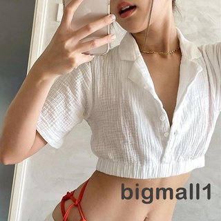 Bigmall- เสื้อครอปแขนสั้นสีขาวเอวลอยเซ็กซี่สําหรับผู้หญิ