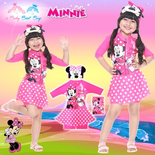 ไซส์ XS ชุดว่ายน้ำเด็กผู้หญิง Disney Minnie Mouse สีชมพู บอดี้สูทเสื้อแขนยาว กระโปรงกางเกง มาพร้อมหมวกว่ายน้ำและถุงผ้า