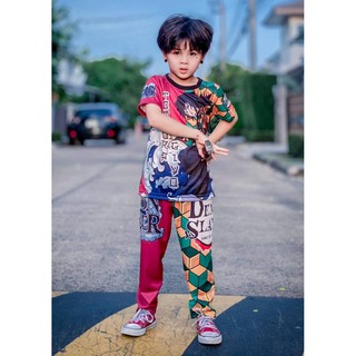 ✜♤●[2IKids] เสื้อผ้าเด็ก ชุดนอนเด็ก ชุดเซ็ตเด็ก งานผ้าไมโครพิมพ์ลายทั้งชุด ลาย ดาบพิฆาตอสูร กิยู (เสื้อแขนสั้น+ กางเกงขา