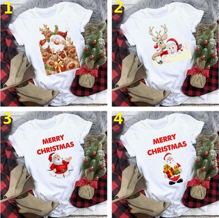 ⚡️ พร้อมส่ง⚡️ Fashion Women T-Shirt Warm Wishes New Year Merry Tee Shirt Christmas Graphic T Shirt Female Tees