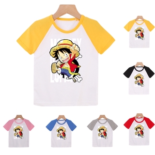 สินค้า One Piece  6 สีของผ้าฝ้ายแท้ระบายอากาศเด็กเสื้อการ์ตูนพิมพ์แขนสั้นเด็กเสื้อยืด (90-140cm)