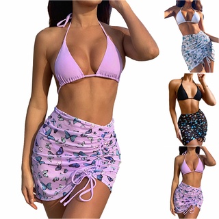 Womens Sexy Bikini Swimsuit Three-piece Set To Send Fishtail Skirt Sexy Butterfly Print Drawstring Adjustable Size