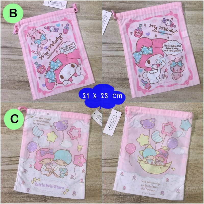 แท้ญี่ปุ่น-กระเป๋า-ถุงผ้าหูรูด-sanrio-x-disney-japan-หลายลาย-พร้อมส่งค่ะ