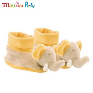 Moulin Roty ถุงเท้า เด็กอ่อน รองเท้าเด็กอ่อน สำหรับแรกเกิด - 9 เดือน ถุงเท้าเด็กแรกเกิด ลายช้าง Les Loustics MR-636025