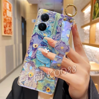 เคสโทรศัพท์มือถือ VIVO Y02S Y30 Y55 Y75 Y77 Y01 Y01A X80 Pro 5G 4G Smartphone Case Shiny Bling Softcase with Wristband + Rope Strap Flower Phone Cell Casing Girls Back Cover VIVOY02S VIVOY77