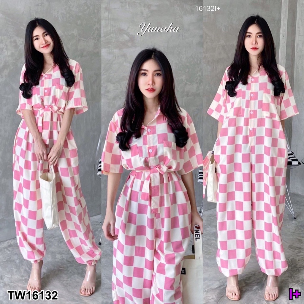 tw16132-จั้มสูทขายาวทรง-คอปกกระดุมหน้าแกะได้นะจ้า-มาพร้อมสายผูกเอวเก็บทรงสวย