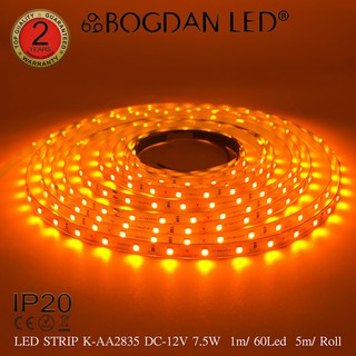 LED STRIP K-AA2835-60-YELLOW DC-12V  7.5W/1M IP20 ยี่ห้อBOGDAN LED แอลอีดีไฟเส้นสำหรับตกแต่ง 300LED/5M 37.5W/5M Grade A