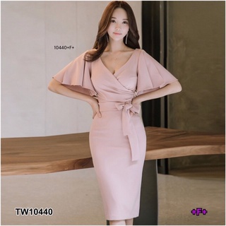 TW10440 Dress เดรสแขนระบายคอวีไขว้จีบ โทนสีพื้นเรียบเก๋ กระโปรงทรงสอบ ผ่ากระโปรงหลัง เอวเย็บติดสายผูกเป็นโบว์