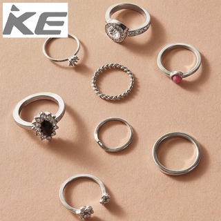 Alloy V-shaped Open Twist Rings 8 Piece Sparkling Diamond Flower Ring Set for girls for women