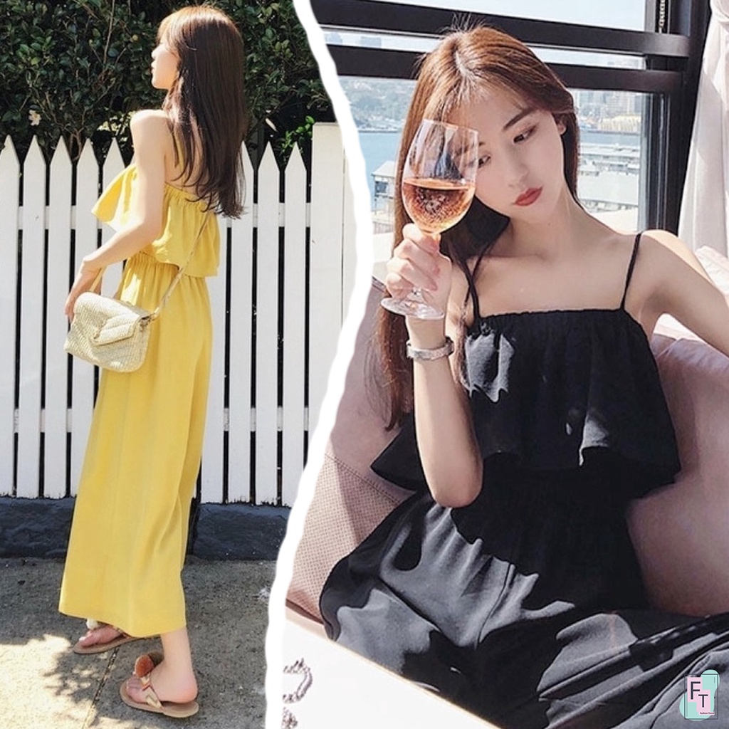 ft-อินเทรนด์-จั๊มสูทสายเดี่ยวอกสม็อคยางยืด-ทรงขายาวทรงตรง-2-สี