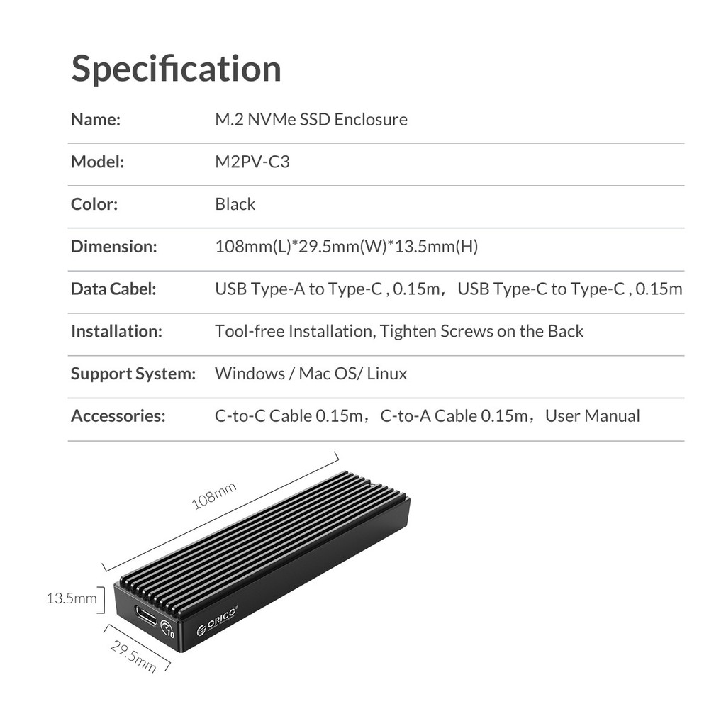 ภาพสินค้าORICO M2 NVME M2PV-C3 กล่องใส่ M.2 NVMe SSD Enclosure Black (USB3.1 Gen2 10Gbps) (สีดำ) (NO harddisk included) จากร้าน egadgetthailand.official บน Shopee ภาพที่ 2