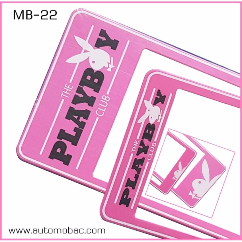 กรอบป้ายทะเบียนรถยนต์-กันน้ำ-ลาย-mb22-playboy-เพลล์บอย-พื้นชมพู-1-คู่-สั้น-สั้น-ขนาด-39-5x16-cm