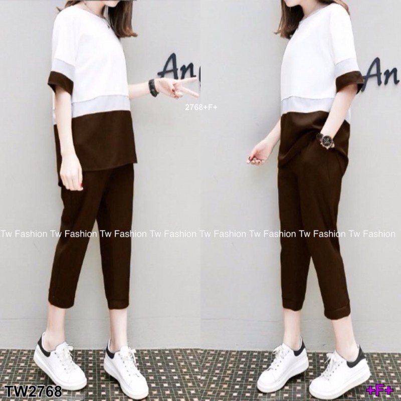 ชุดเซทผู้หญิง-เซต-2-ชิ้น-เสื้อแขนศอก-ตัดต่อผ้า3สี-กางเกงขาหกส่วน-เสื้อผ้าแฟชั่น-สไตล์เกาหลี-2768