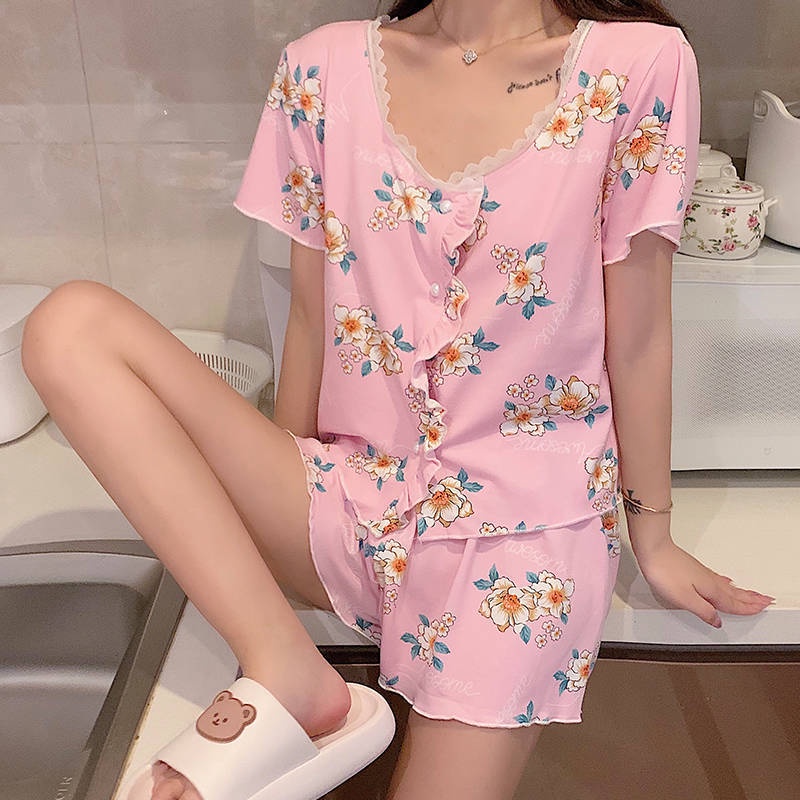 ชุดนอน-floral-ins-ลมหวานและน่ารักสาวแขนสั้นชุดบริการถึงบ้าน
