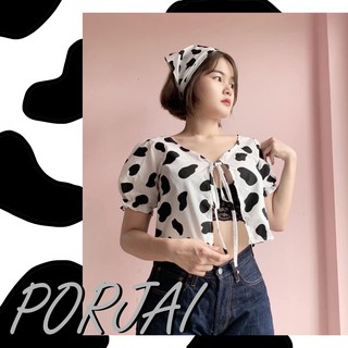 PORJAI เซตเสื้อครอปสไตล์เกาหลีผูกโบว์ตรงอก + ผ้าโพกผม