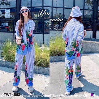 TW14568  Set 3 ชิ้น เสื้อเชิ้ตคอปกแขนยาว + กางเกงเอวยางยืด มีกระเป๋าข้าง + หมวกบักเกต เนื้อผ้าคอตตอนผสม ลายริ้วนกเงือก