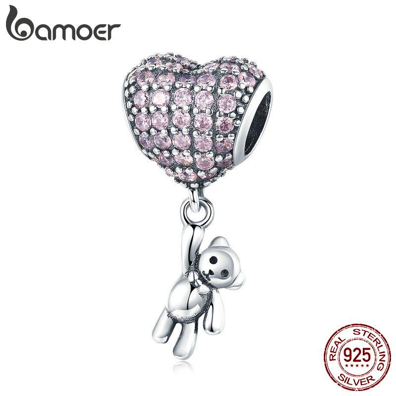 BAMOER Charms Beads Fit Bracelets DIY 925 Sterling Silver Heart Bear Pink Cubic Zircon