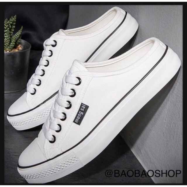 ล้างสต็อคพร้อมส่ง-white-black-รองเท้าผ้าใบเปิดส้น-92016