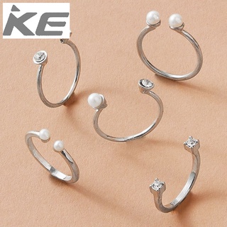 Jewelry Japanese and Korean Simple Design Pearl Diamond Opening Adjustable Ring Five-piece Set