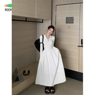 Nini Autumn New Product · White waist-cut pure zipper long sleeve A- line skirt womens sexy temperament lapel dress new Pengpeng skirt