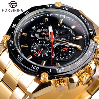 Forsining Golden Stainless Steel Three Dial Design Mens Racing Sport Automatic Wrist Watches Top Brand Luxury Relogio Me