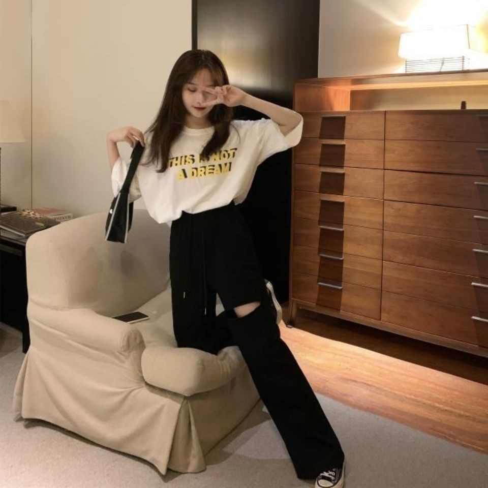 hot-sale-ผ้าฝ้ายฤดูร้อนเวอร์ชั่นเกาหลี-ใหม่-หลุมซับกางเกงสีดำแนวตั้งความรู้สึกสบาย-ๆ-กางเกงขากว้างกางเกงหญิงน