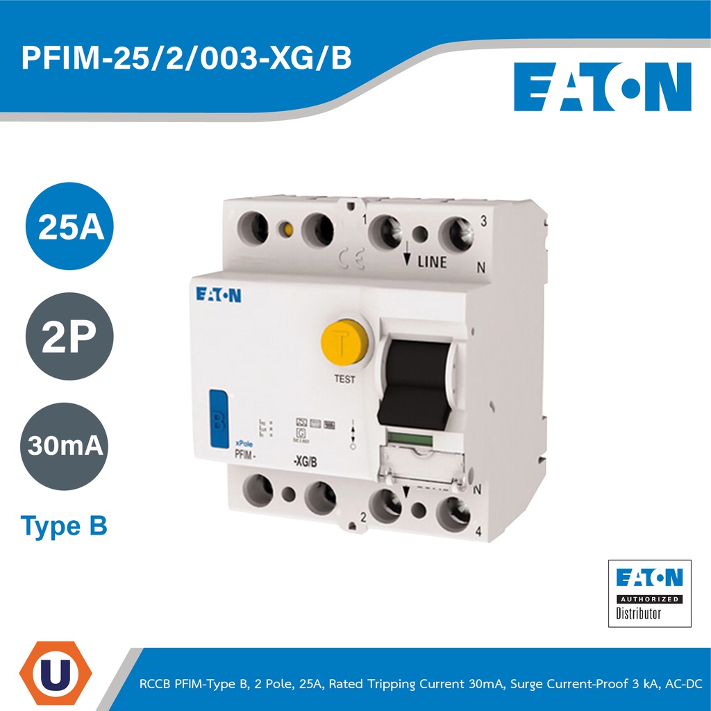 EATON Circuit Breaker (RCCB) PFIM-Type B, 2 Pole, 25A, 30mA, Surge ...